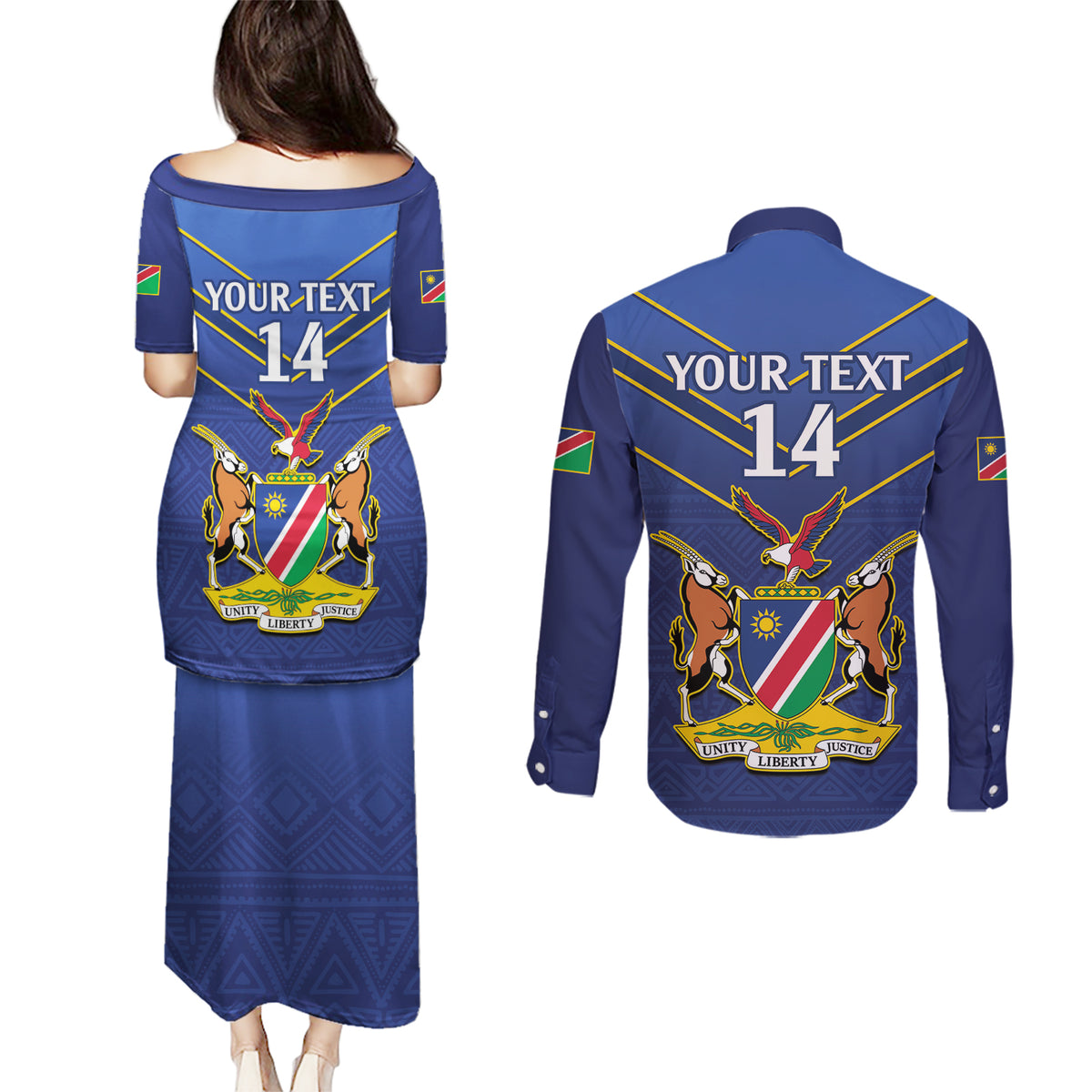 Custom Namibia Cricket Couples Matching Puletasi and Long Sleeve Button Shirt 2024 Go Eagles African Pattern - Wonder Print Shop
