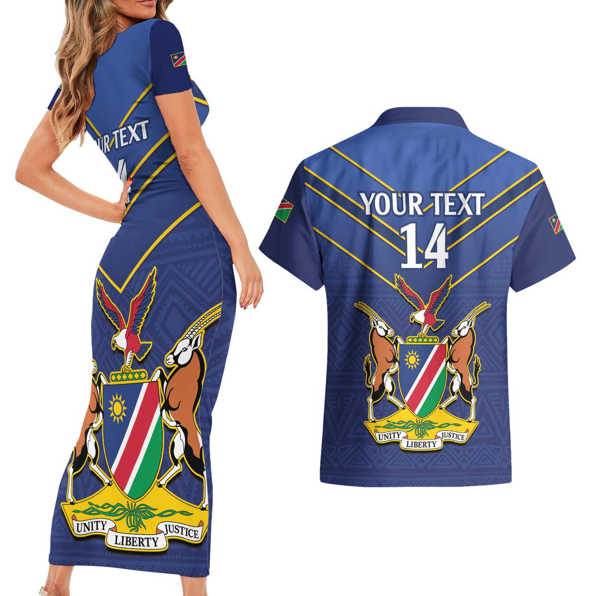 Custom Namibia Cricket Couples Matching Short Sleeve Bodycon Dress and Hawaiian Shirt 2024 Go Eagles African Pattern - Wonder Print Shop