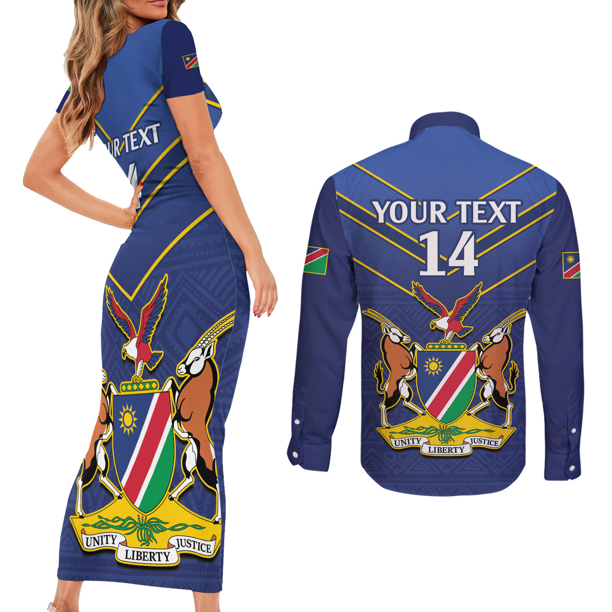 Custom Namibia Cricket Couples Matching Short Sleeve Bodycon Dress and Long Sleeve Button Shirt 2024 Go Eagles African Pattern - Wonder Print Shop