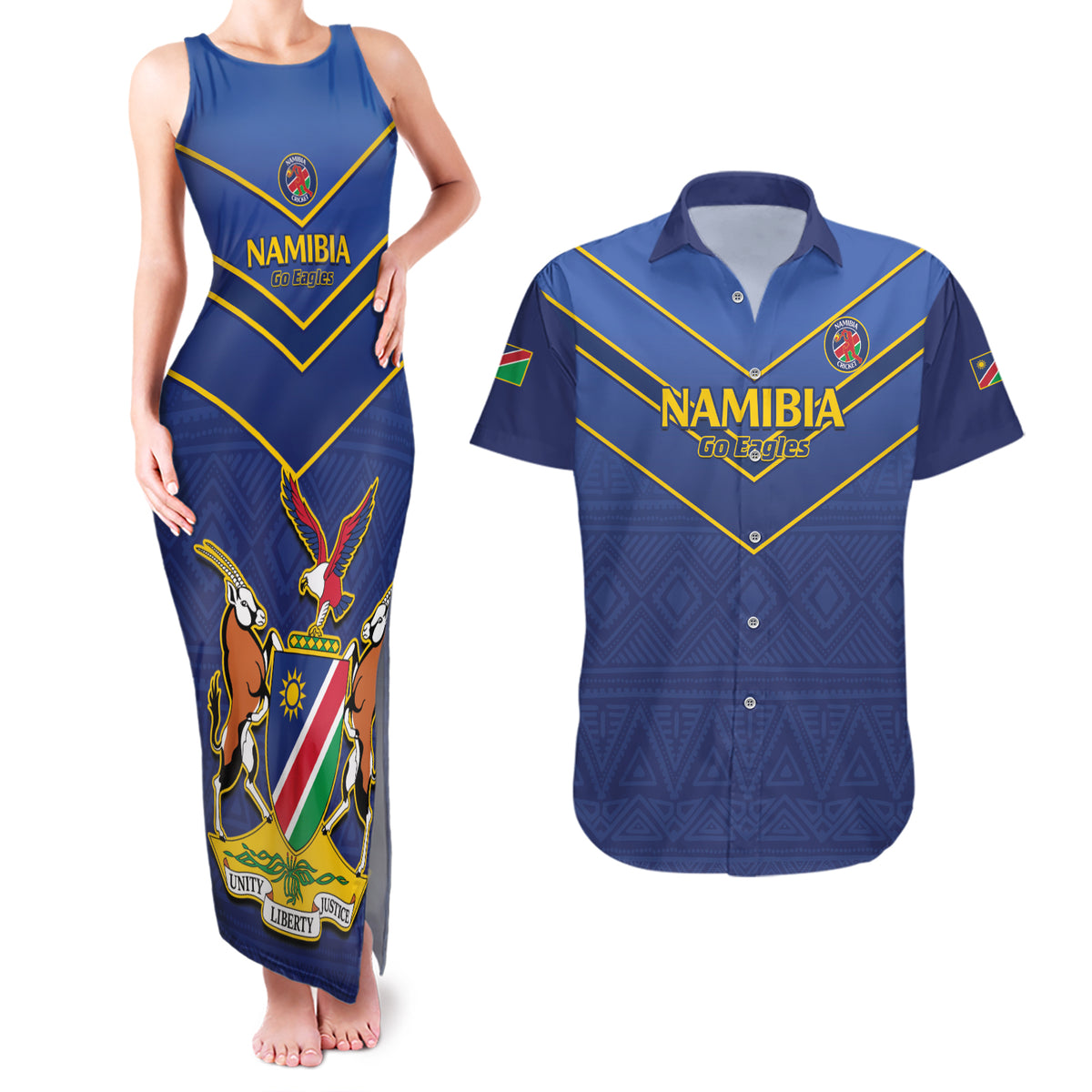 Custom Namibia Cricket Couples Matching Tank Maxi Dress and Hawaiian Shirt 2024 Go Eagles African Pattern - Wonder Print Shop