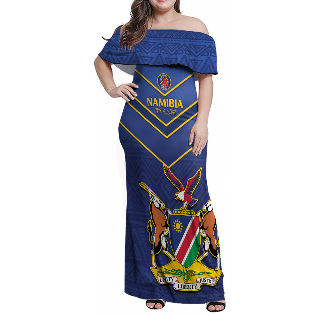 Custom Namibia Cricket Family Matching Off Shoulder Maxi Dress and Hawaiian Shirt 2024 Go Eagles African Pattern - Wonder Print Shop