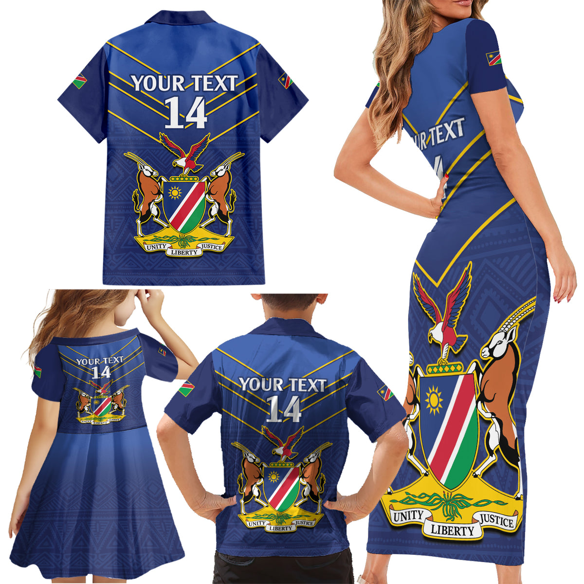 Custom Namibia Cricket Family Matching Short Sleeve Bodycon Dress and Hawaiian Shirt 2024 Go Eagles African Pattern - Wonder Print Shop