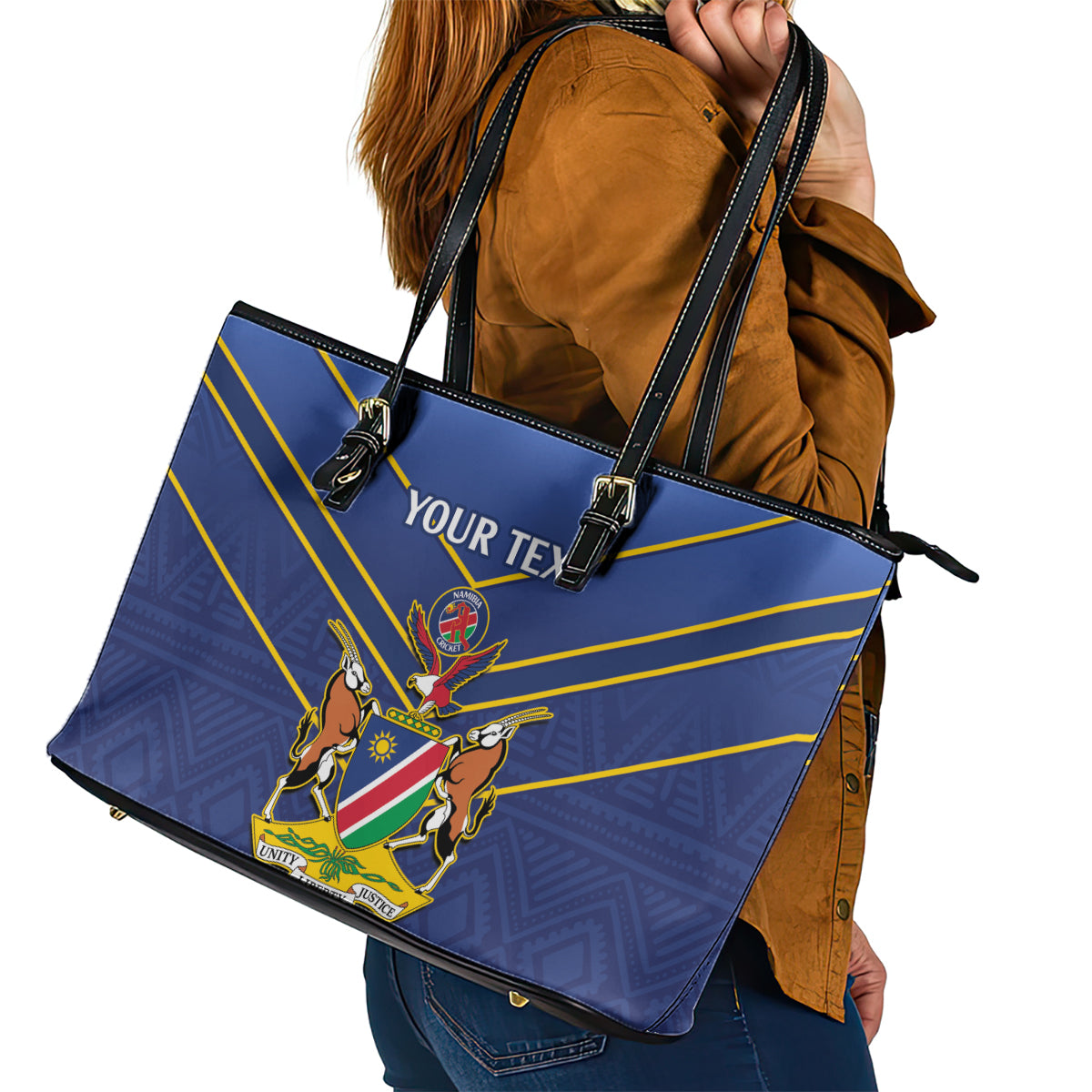 Custom Namibia Cricket Leather Tote Bag 2024 Go Eagles African Pattern - Wonder Print Shop