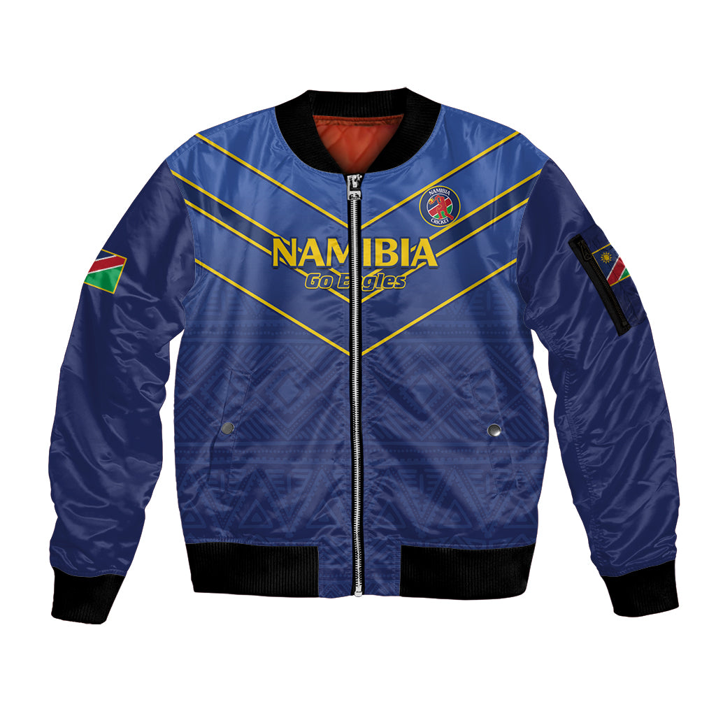 Custom Namibia Cricket Sleeve Zip Bomber Jacket 2024 Go Eagles African Pattern - Wonder Print Shop