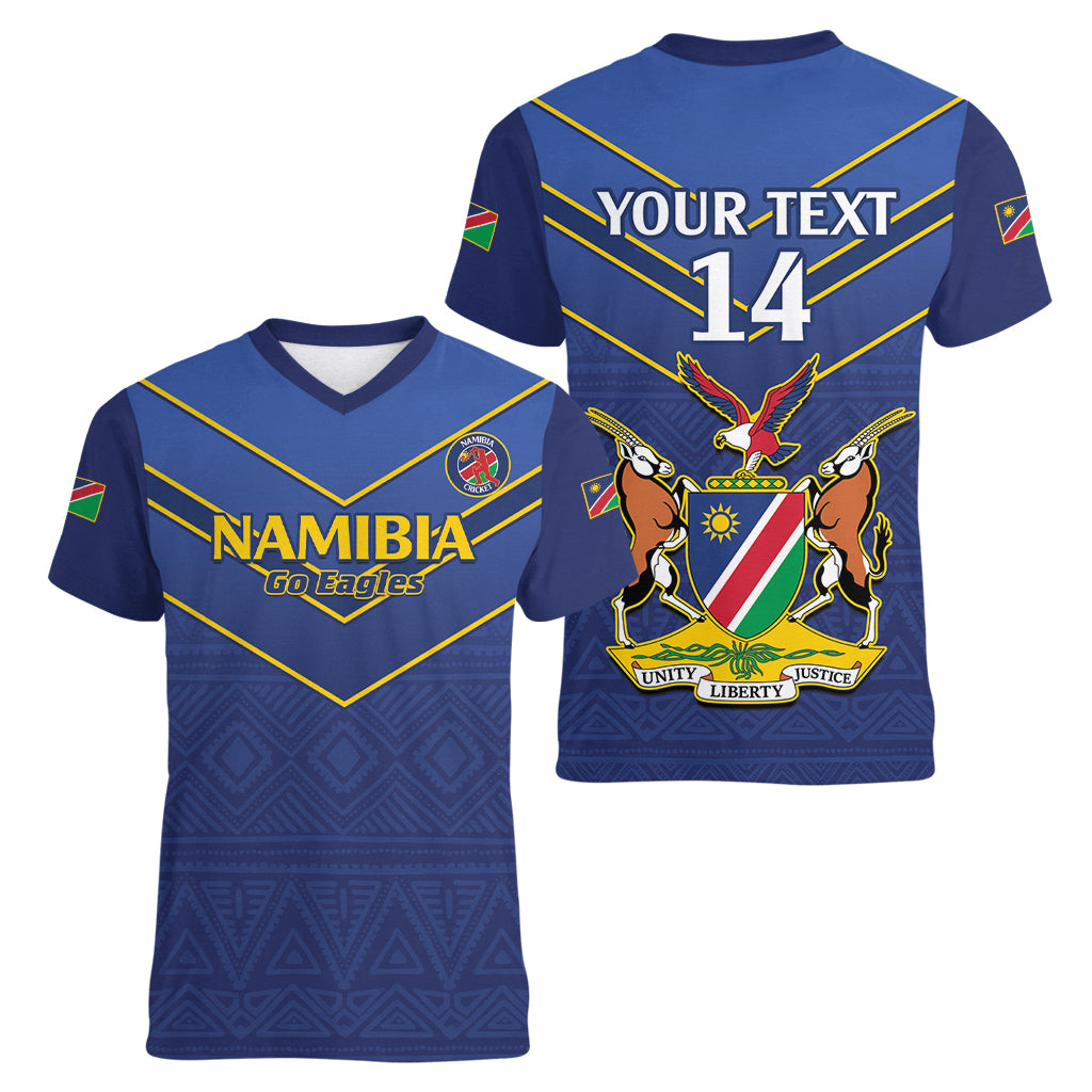 Custom Namibia Cricket Women V-Neck T-Shirt 2024 Go Eagles African Pattern - Wonder Print Shop