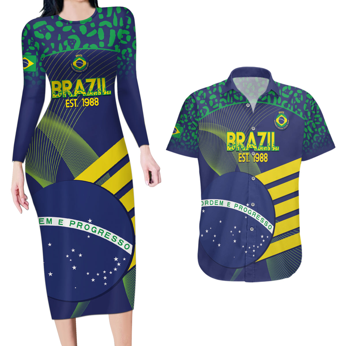 Custom Brazil Football Couples Matching Long Sleeve Bodycon Dress and Hawaiian Shirt Summer 2024 Go Champions Selecao - Wonder Print Shop