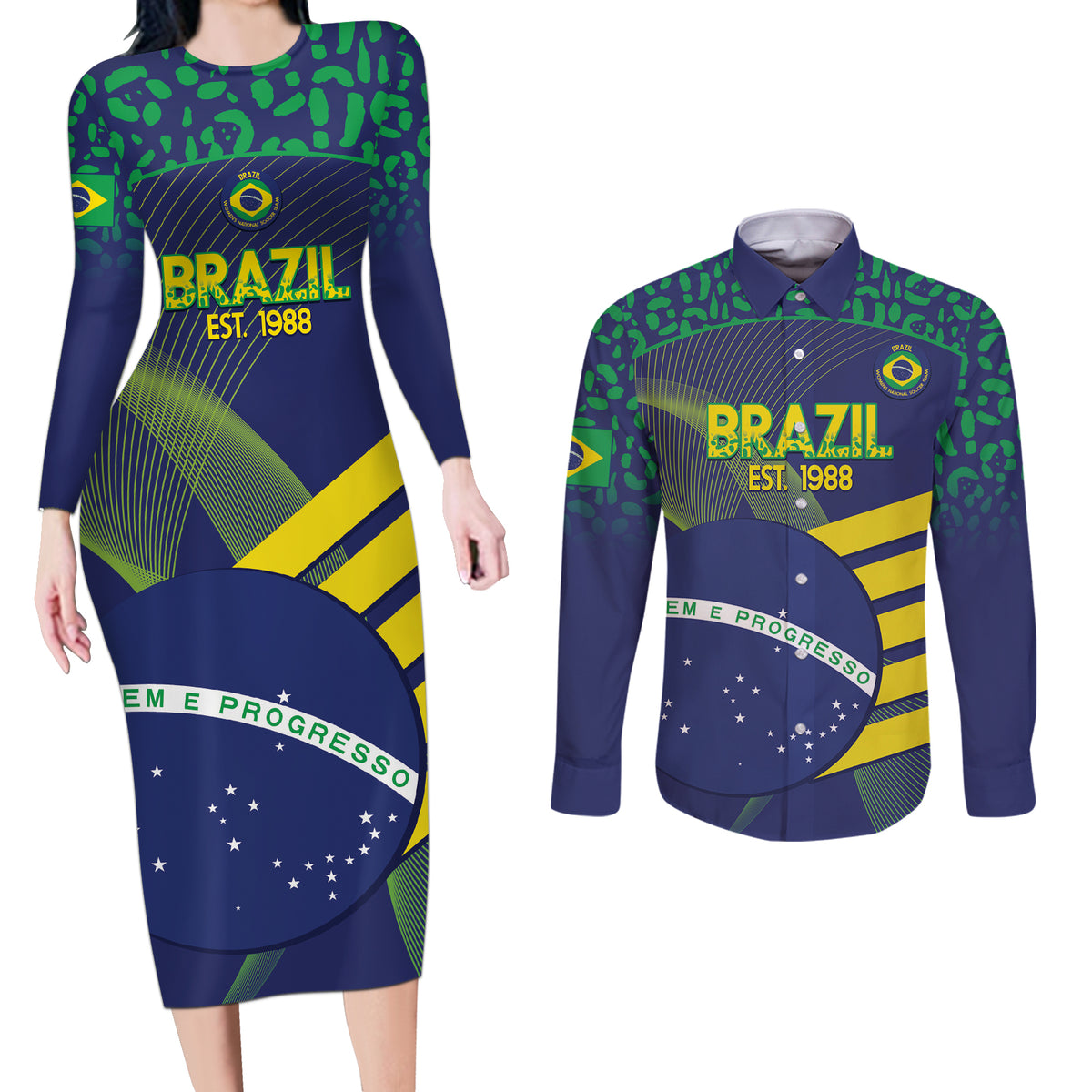 Custom Brazil Football Couples Matching Long Sleeve Bodycon Dress and Long Sleeve Button Shirt Summer 2024 Go Champions Selecao - Wonder Print Shop