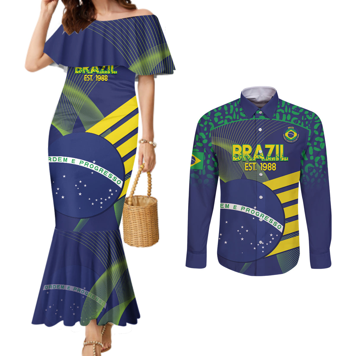 Custom Brazil Football Couples Matching Mermaid Dress and Long Sleeve Button Shirt Summer 2024 Olympic Go Champions Selecao