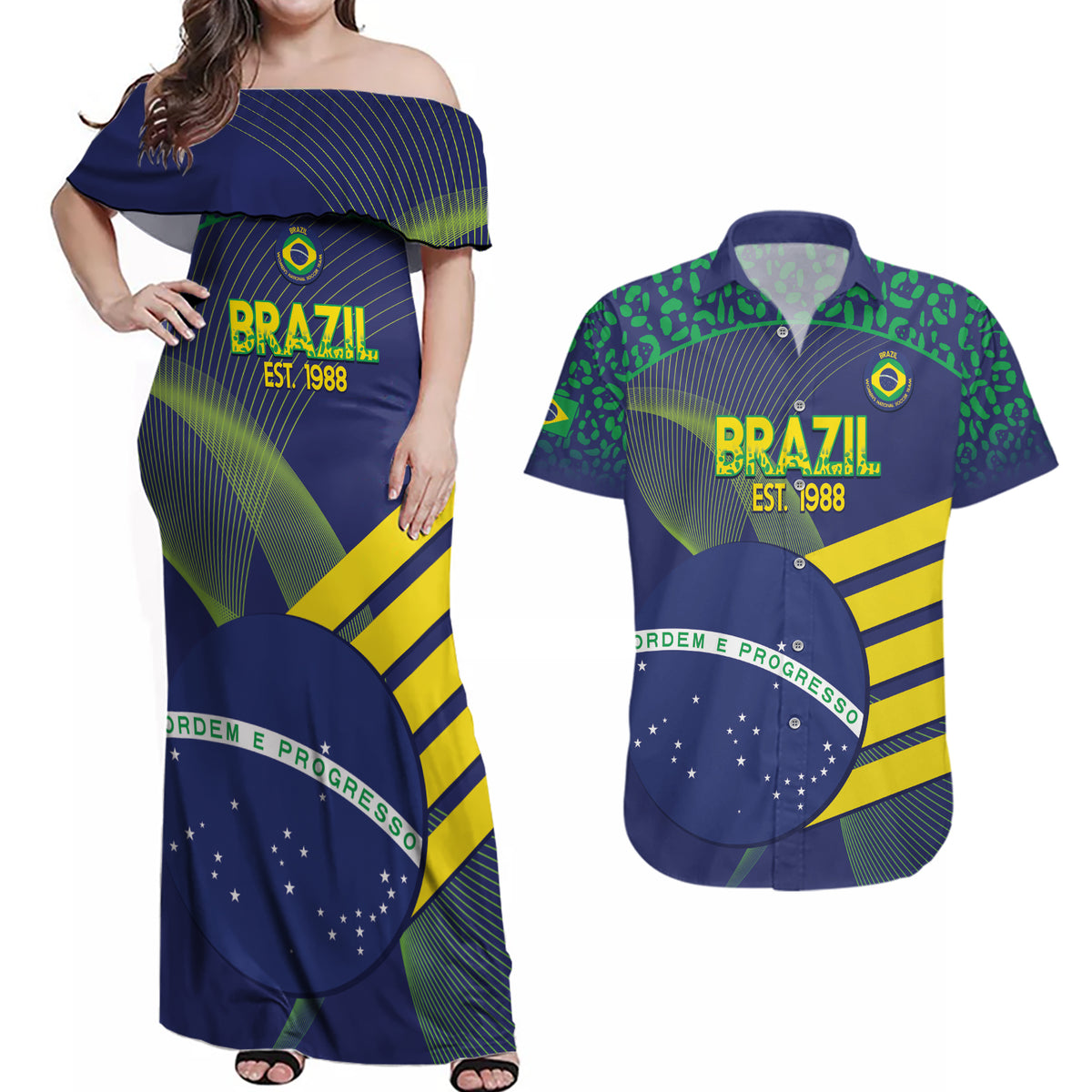 Custom Brazil Football Couples Matching Off Shoulder Maxi Dress and Hawaiian Shirt Summer 2024 Go Champions Selecao - Wonder Print Shop