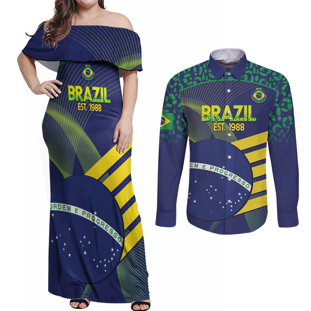 Custom Brazil Football Couples Matching Off Shoulder Maxi Dress and Long Sleeve Button Shirt Summer 2024 Go Champions Selecao - Wonder Print Shop