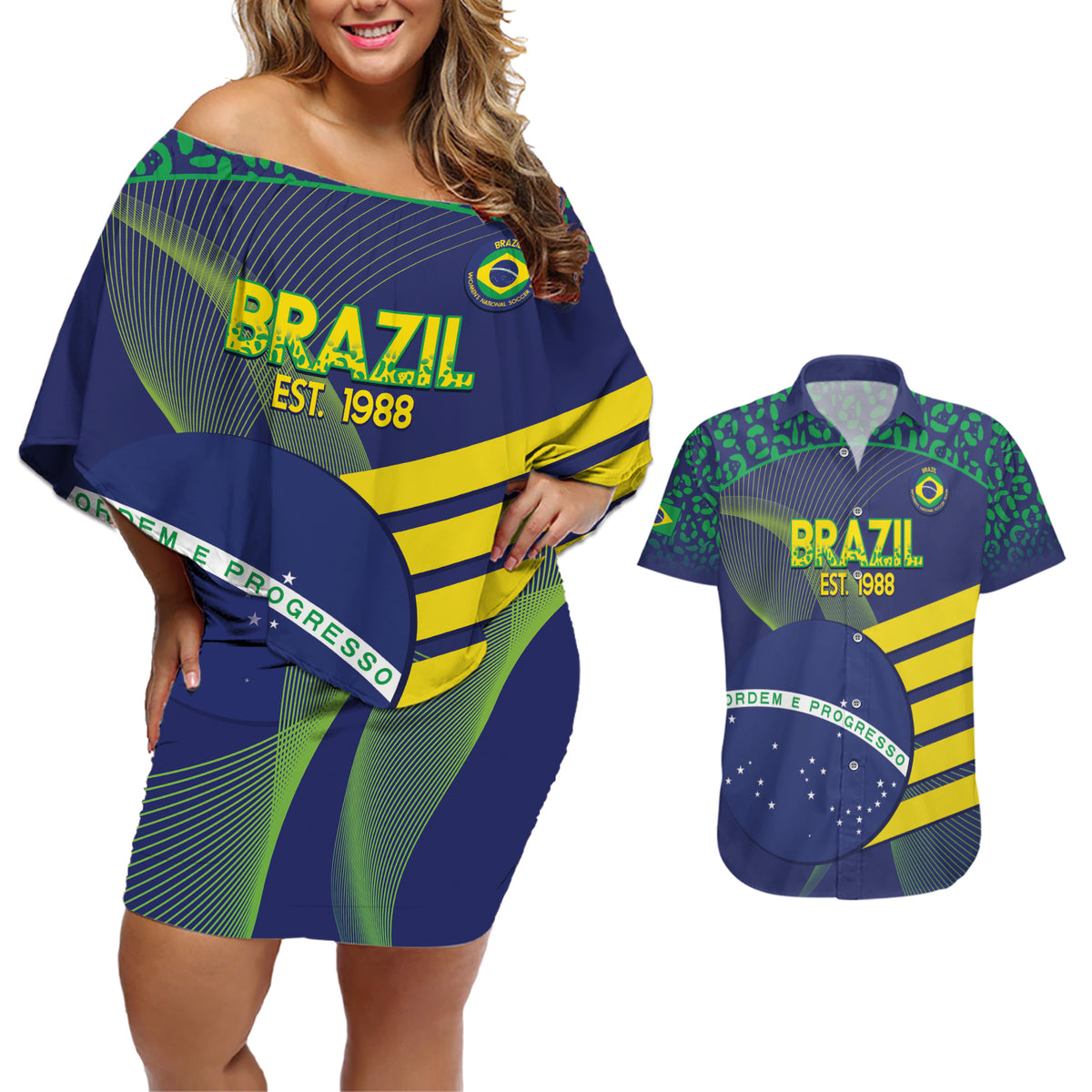 Custom Brazil Football Couples Matching Off Shoulder Short Dress and Hawaiian Shirt Summer 2024 Go Champions Selecao - Wonder Print Shop