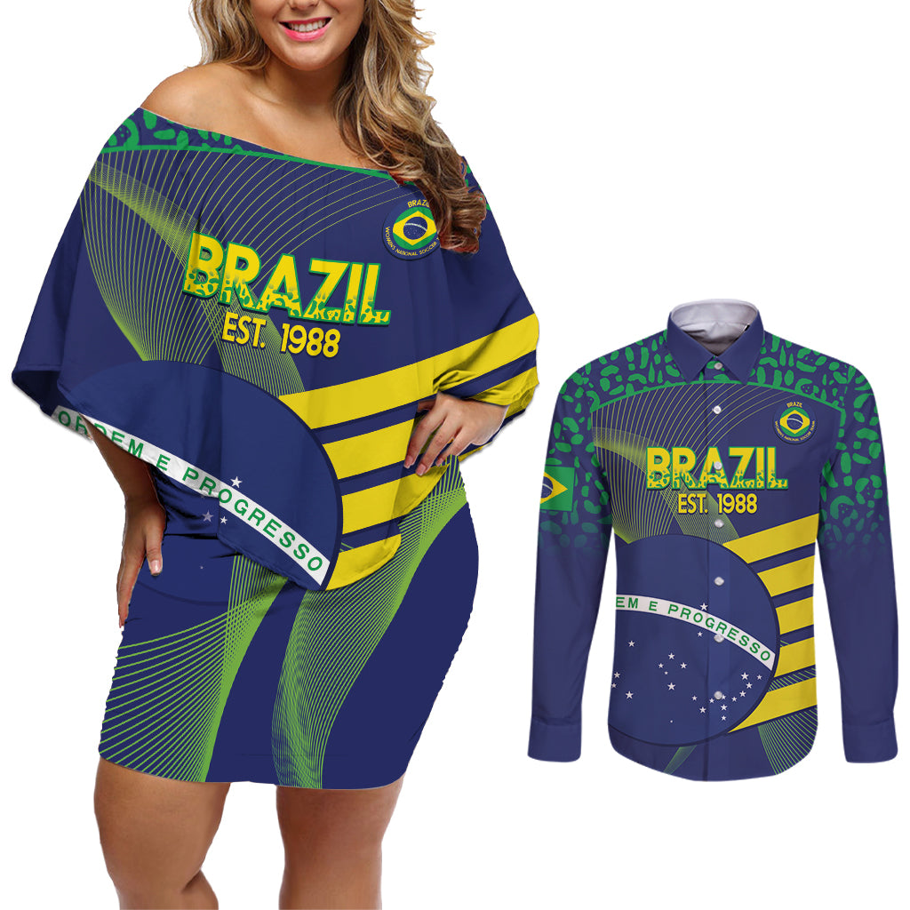 Custom Brazil Football Couples Matching Off Shoulder Short Dress and Long Sleeve Button Shirt Summer 2024 Go Champions Selecao - Wonder Print Shop