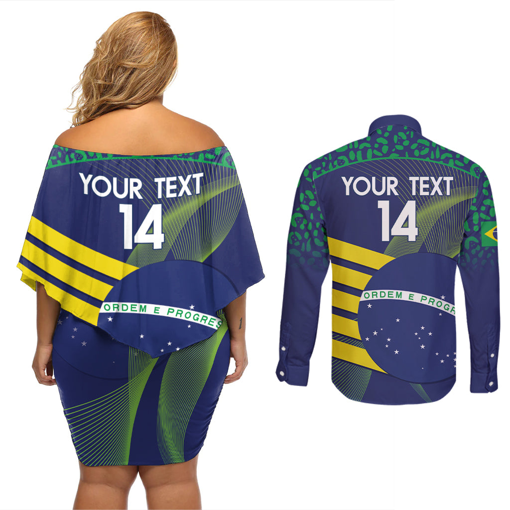 Custom Brazil Football Couples Matching Off Shoulder Short Dress and Long Sleeve Button Shirt Summer 2024 Go Champions Selecao - Wonder Print Shop