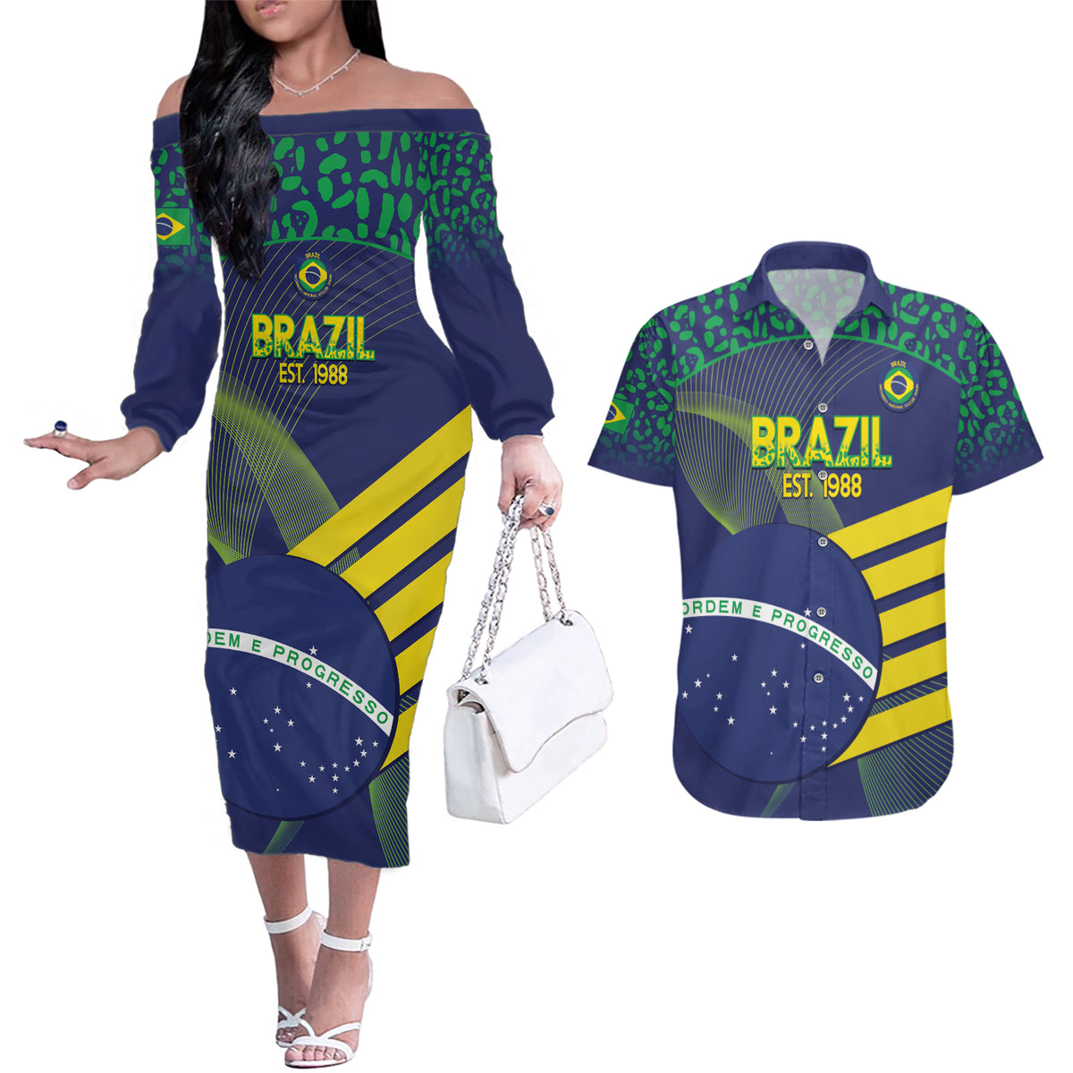 Custom Brazil Football Couples Matching Off The Shoulder Long Sleeve Dress and Hawaiian Shirt Summer 2024 Go Champions Selecao - Wonder Print Shop