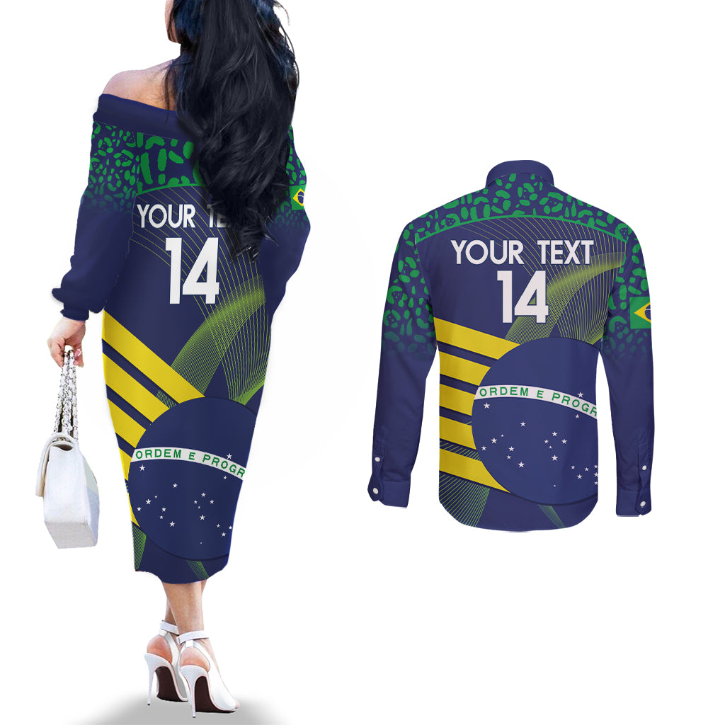 Custom Brazil Football Couples Matching Off The Shoulder Long Sleeve Dress and Long Sleeve Button Shirt Summer 2024 Olympic Go Champions Selecao