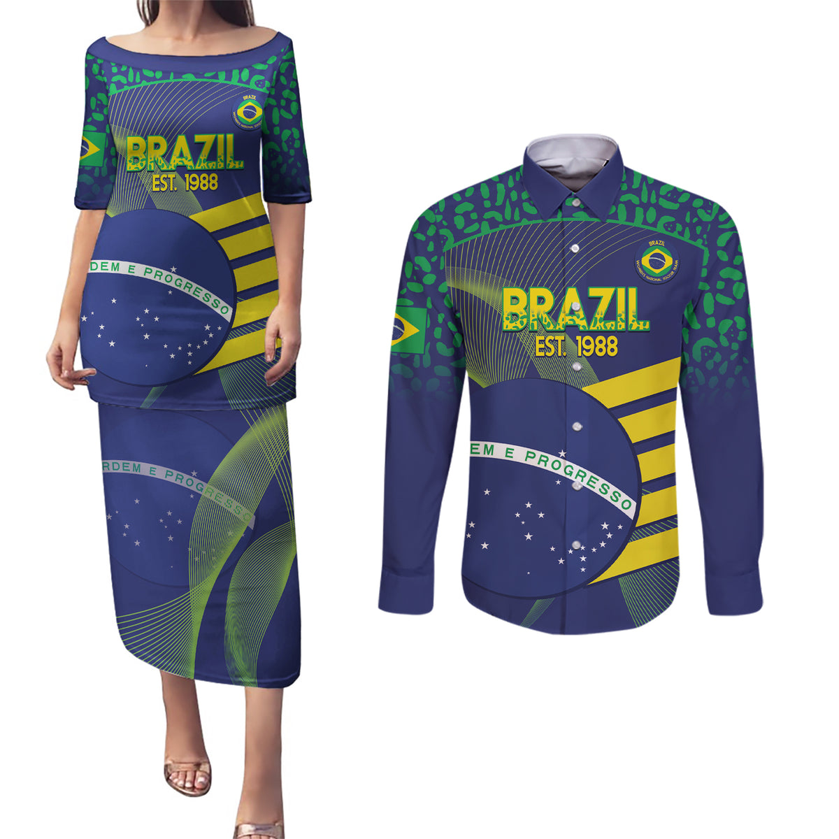 Custom Brazil Football Couples Matching Puletasi and Long Sleeve Button Shirt Summer 2024 Go Champions Selecao - Wonder Print Shop