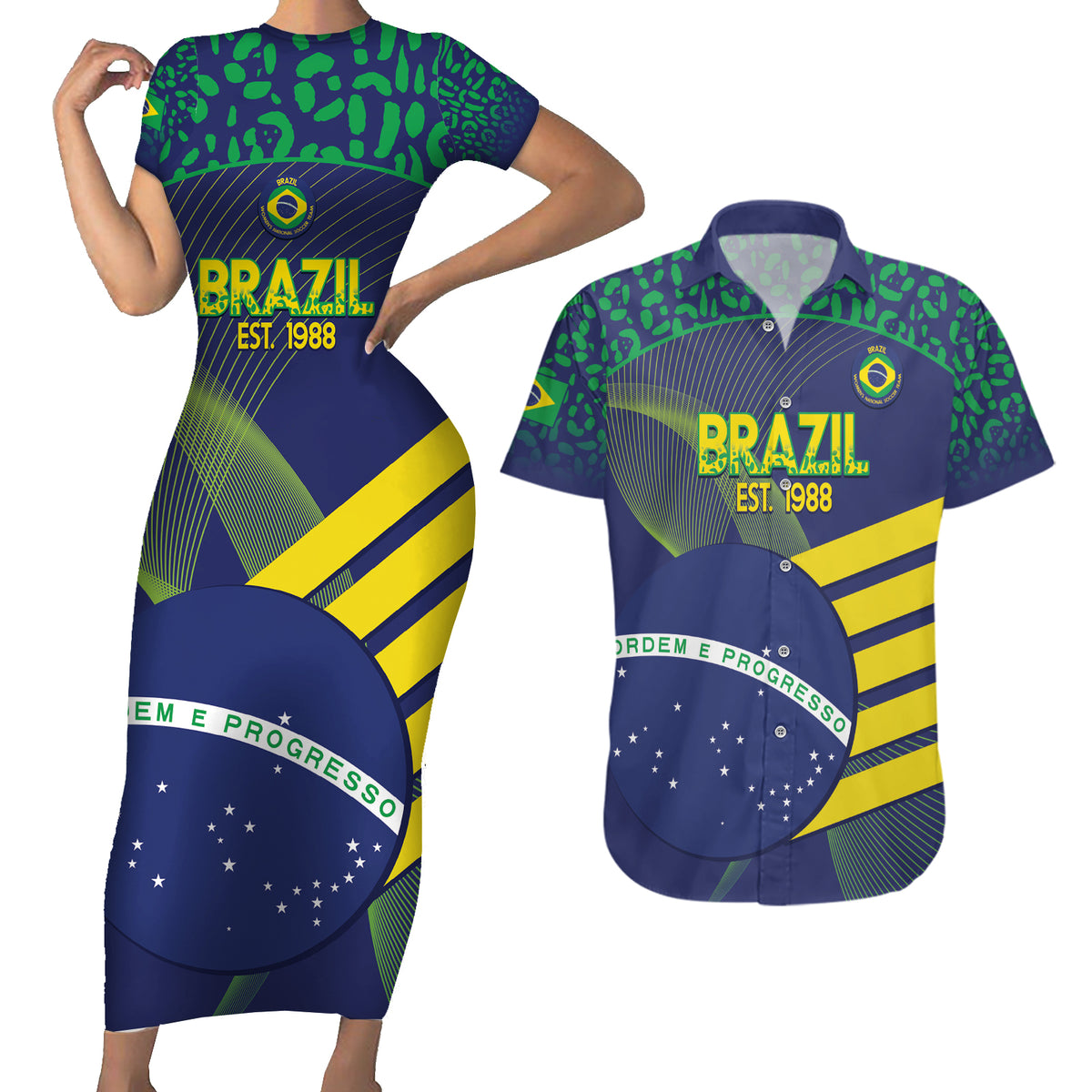 Custom Brazil Football Couples Matching Short Sleeve Bodycon Dress and Hawaiian Shirt Summer 2024 Go Champions Selecao - Wonder Print Shop
