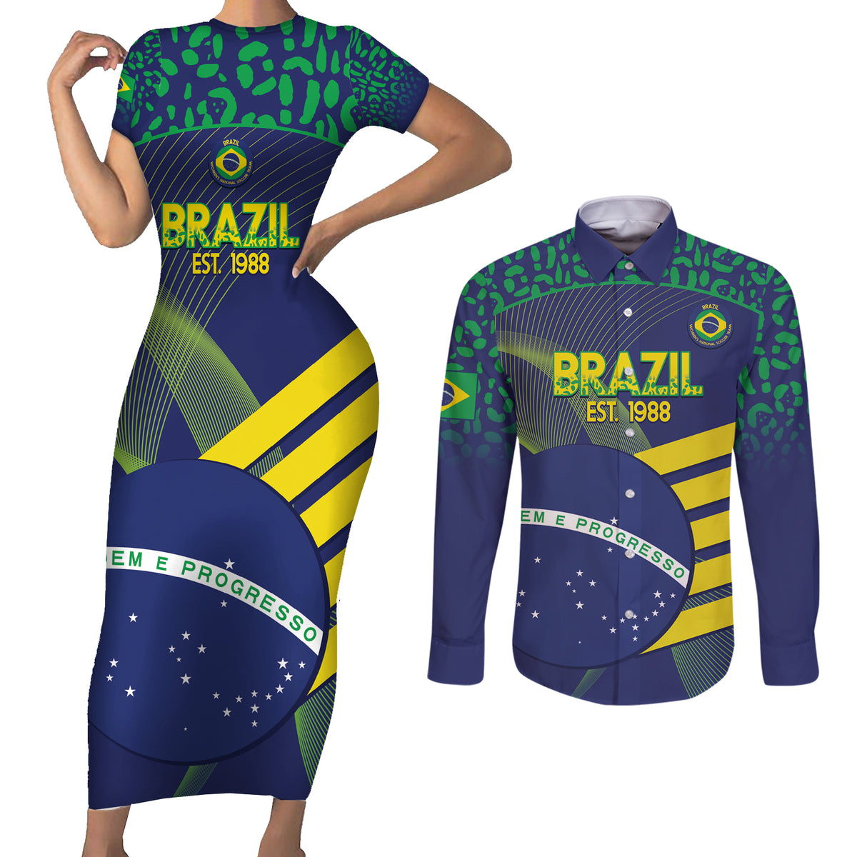 Custom Brazil Football Couples Matching Short Sleeve Bodycon Dress and Long Sleeve Button Shirt Summer 2024 Go Champions Selecao - Wonder Print Shop
