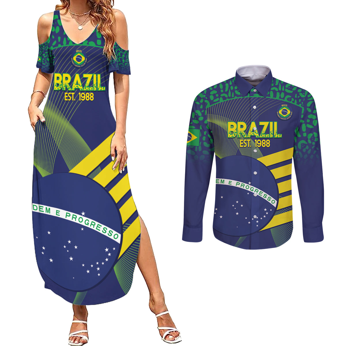 Custom Brazil Football Couples Matching Summer Maxi Dress and Long Sleeve Button Shirt Summer 2024 Go Champions Selecao - Wonder Print Shop