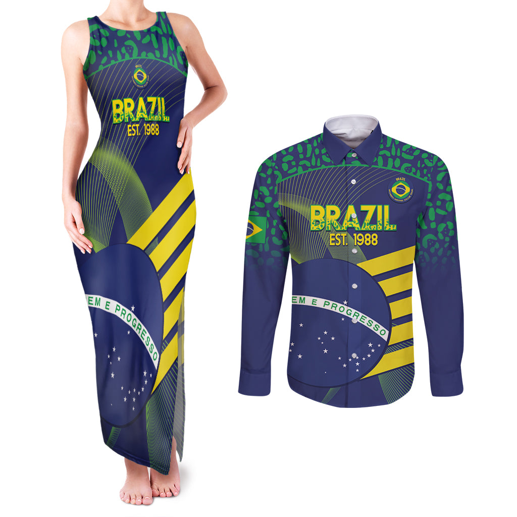 Custom Brazil Football Couples Matching Tank Maxi Dress and Long Sleeve Button Shirt Summer 2024 Go Champions Selecao - Wonder Print Shop