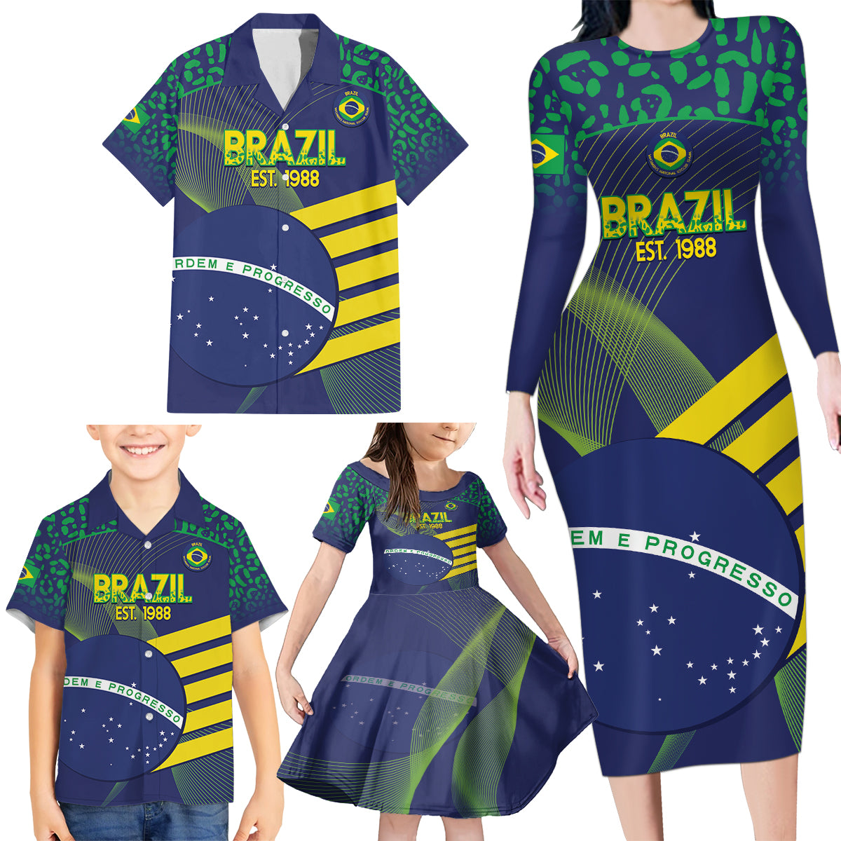 Custom Brazil Football Family Matching Long Sleeve Bodycon Dress and Hawaiian Shirt Summer 2024 Go Champions Selecao - Wonder Print Shop