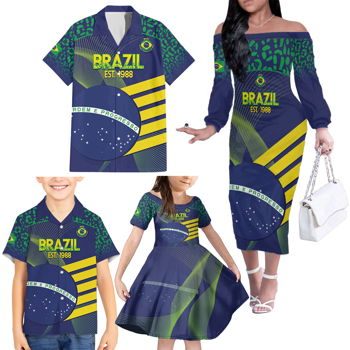 Custom Brazil Football Family Matching Off The Shoulder Long Sleeve Dress and Hawaiian Shirt Summer 2024 Go Champions Selecao - Wonder Print Shop