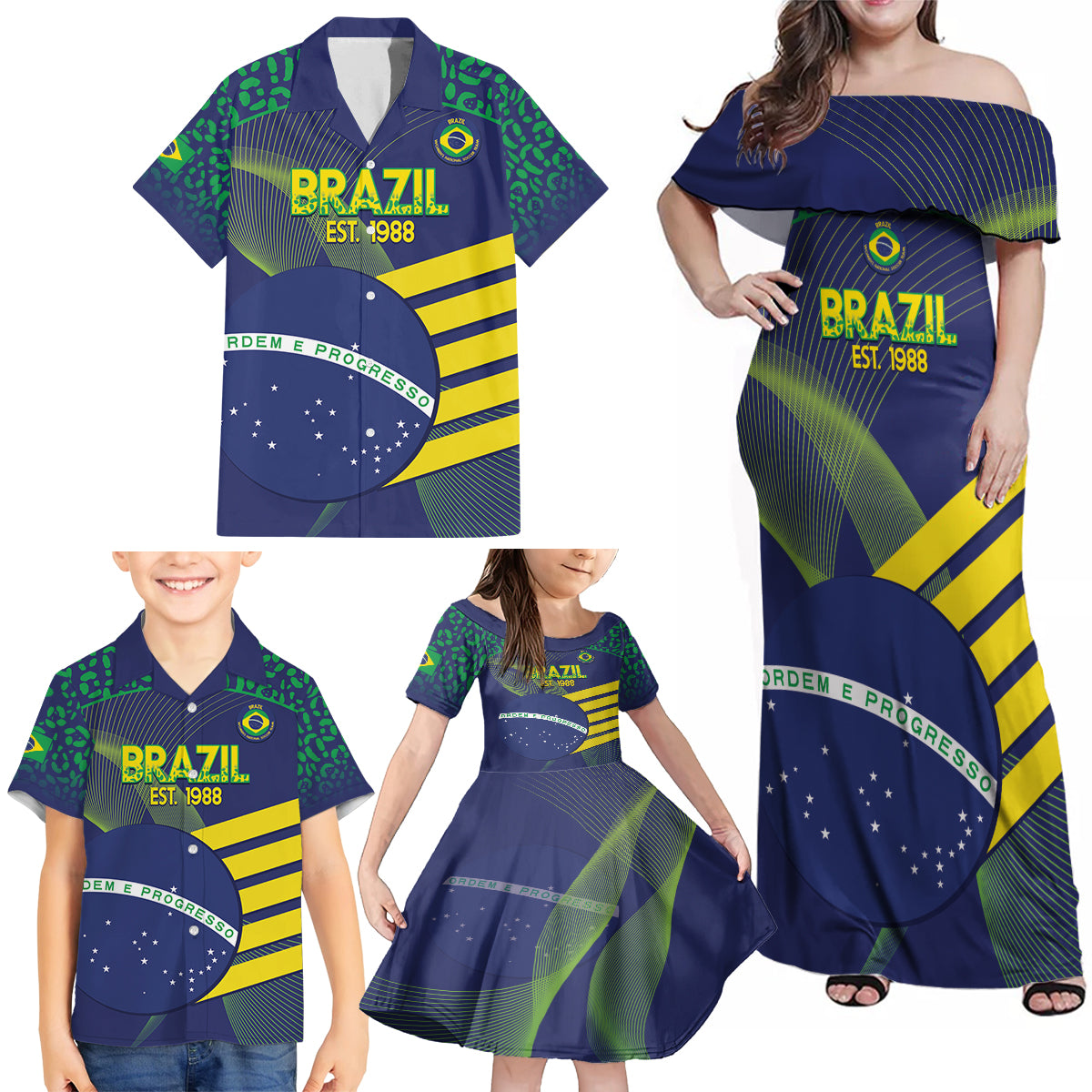 Custom Brazil Football Family Matching Off Shoulder Maxi Dress and Hawaiian Shirt Summer 2024 Go Champions Selecao - Wonder Print Shop