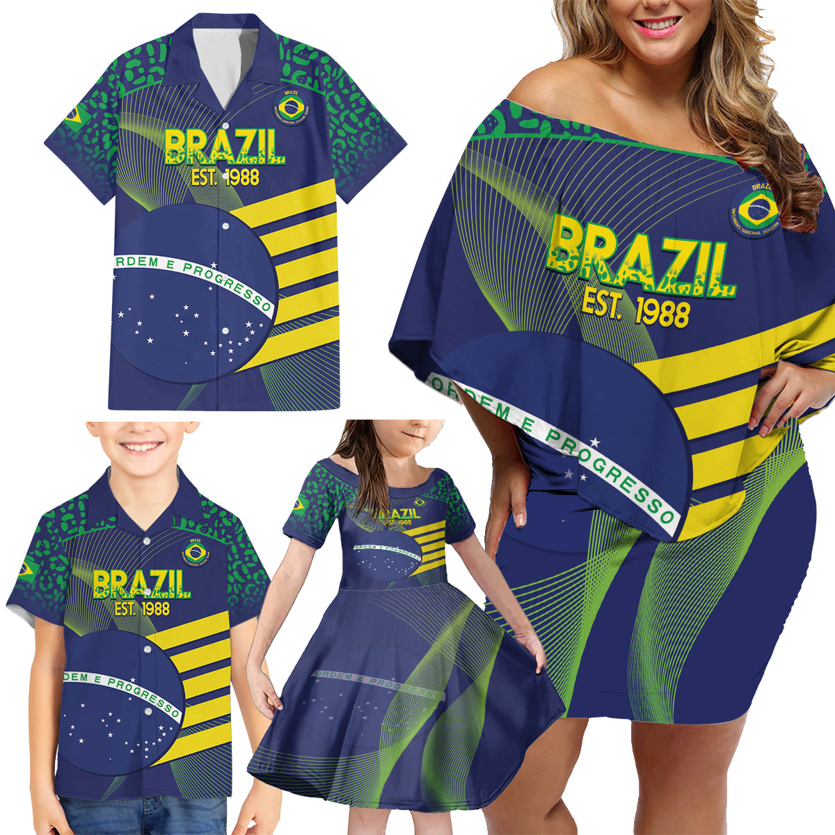 Custom Brazil Football Family Matching Off Shoulder Short Dress and Hawaiian Shirt Summer 2024 Go Champions Selecao - Wonder Print Shop
