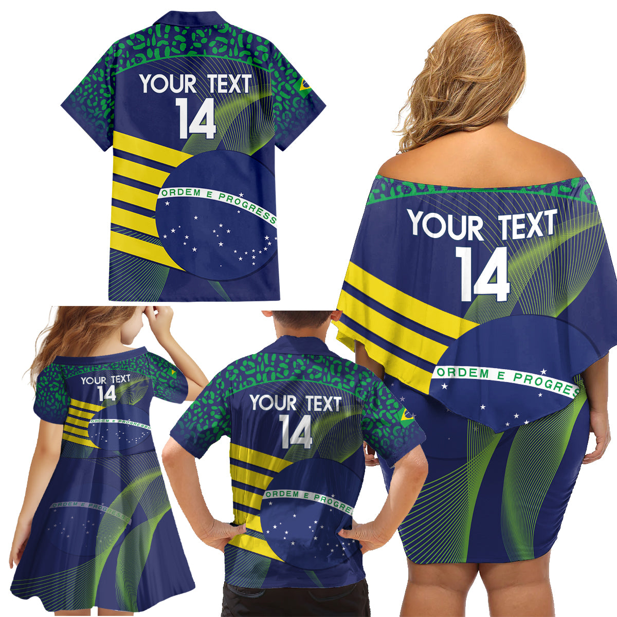 Custom Brazil Football Family Matching Off Shoulder Short Dress and Hawaiian Shirt Summer 2024 Go Champions Selecao - Wonder Print Shop