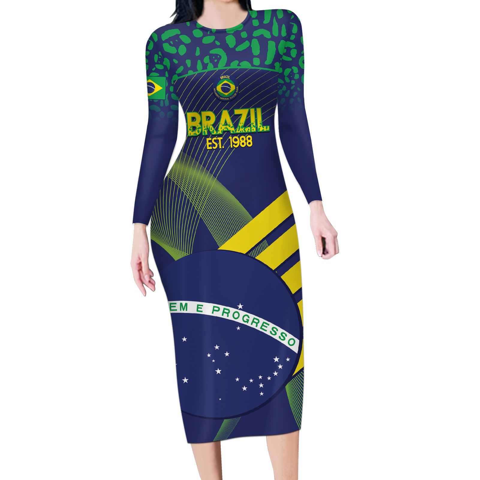 Custom Brazil Football Long Sleeve Bodycon Dress Summer 2024 Go Champions Selecao - Wonder Print Shop