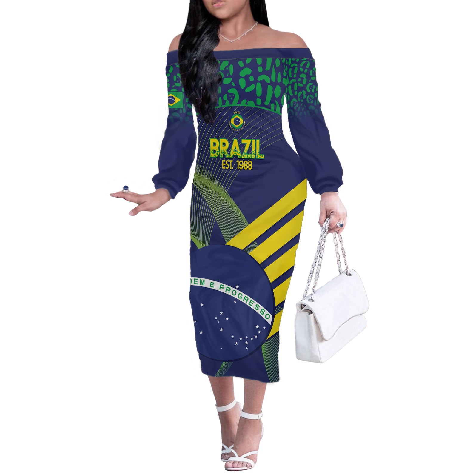 Custom Brazil Football Off The Shoulder Long Sleeve Dress Summer 2024 Go Champions Selecao - Wonder Print Shop