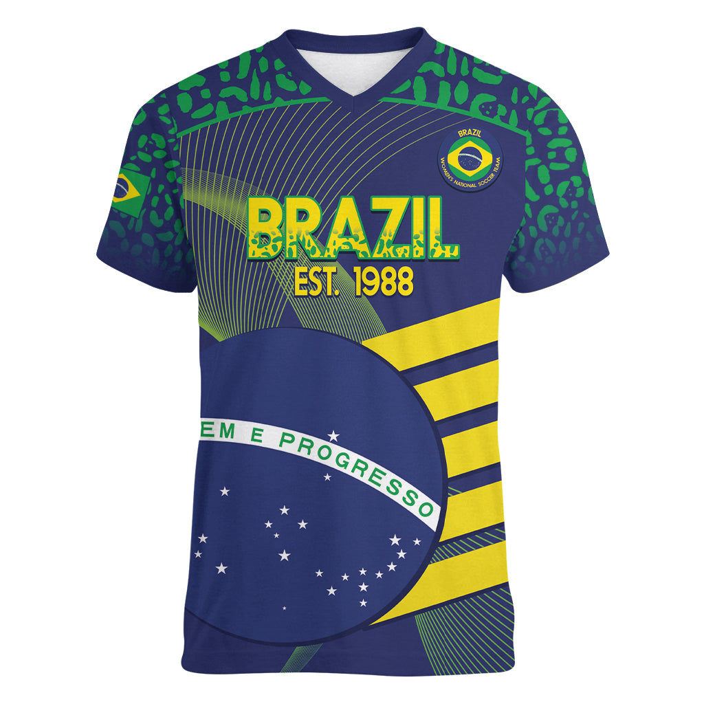 Custom Brazil Football Women V-Neck T-Shirt Summer 2024 Go Champions Selecao - Wonder Print Shop
