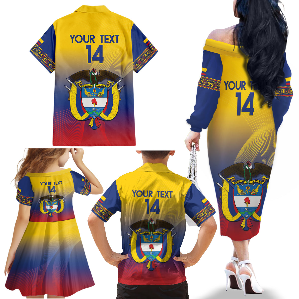 Custom Colombia Football Family Matching Off The Shoulder Long Sleeve Dress and Hawaiian Shirt Summer 2024 Las Chicas Superpoderosas - Wonder Print Shop