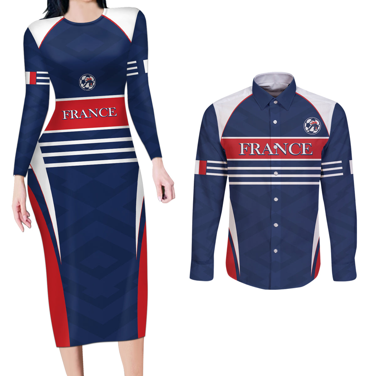 Custom France Football Couples Matching Long Sleeve Bodycon Dress and Long Sleeve Button Shirt Summer 2024 Les Bleues - Wonder Print Shop