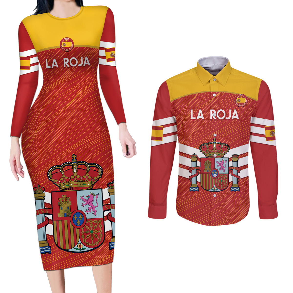 Custom Spain Football Couples Matching Long Sleeve Bodycon Dress and Long Sleeve Button Shirt Summer 2024 La Roja - Wonder Print Shop