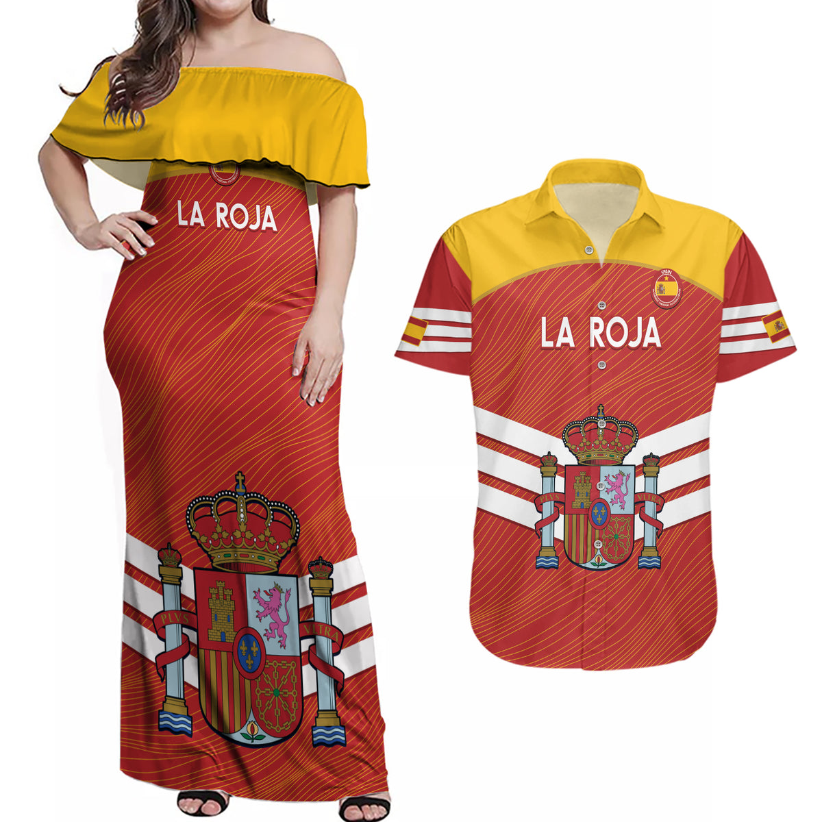 Custom Spain Football Couples Matching Off Shoulder Maxi Dress and Hawaiian Shirt Summer 2024 La Roja - Wonder Print Shop