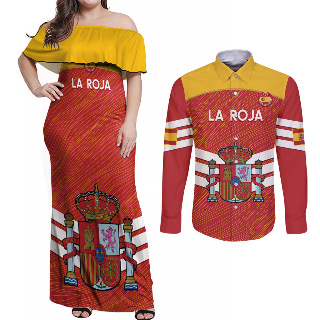 Custom Spain Football Couples Matching Off Shoulder Maxi Dress and Long Sleeve Button Shirt Summer 2024 La Roja - Wonder Print Shop