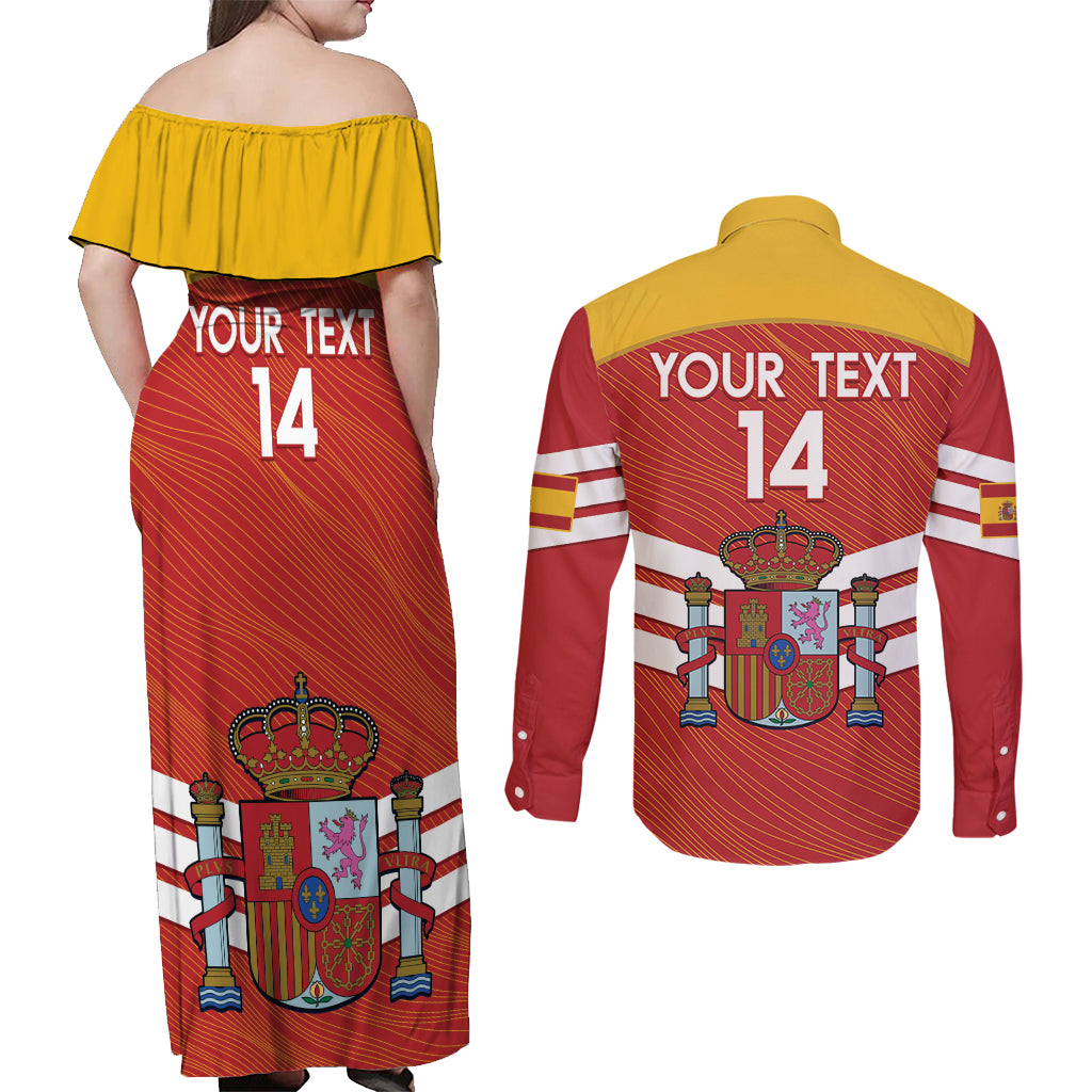Custom Spain Football Couples Matching Off Shoulder Maxi Dress and Long Sleeve Button Shirt Summer 2024 La Roja - Wonder Print Shop