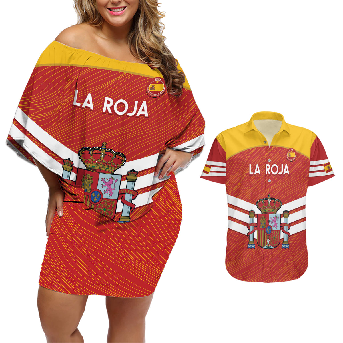 Custom Spain Football Couples Matching Off Shoulder Short Dress and Hawaiian Shirt Summer 2024 La Roja - Wonder Print Shop