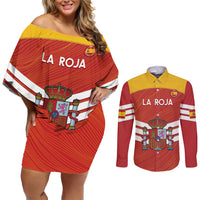 Custom Spain Football Couples Matching Off Shoulder Short Dress and Long Sleeve Button Shirt Summer 2024 La Roja - Wonder Print Shop