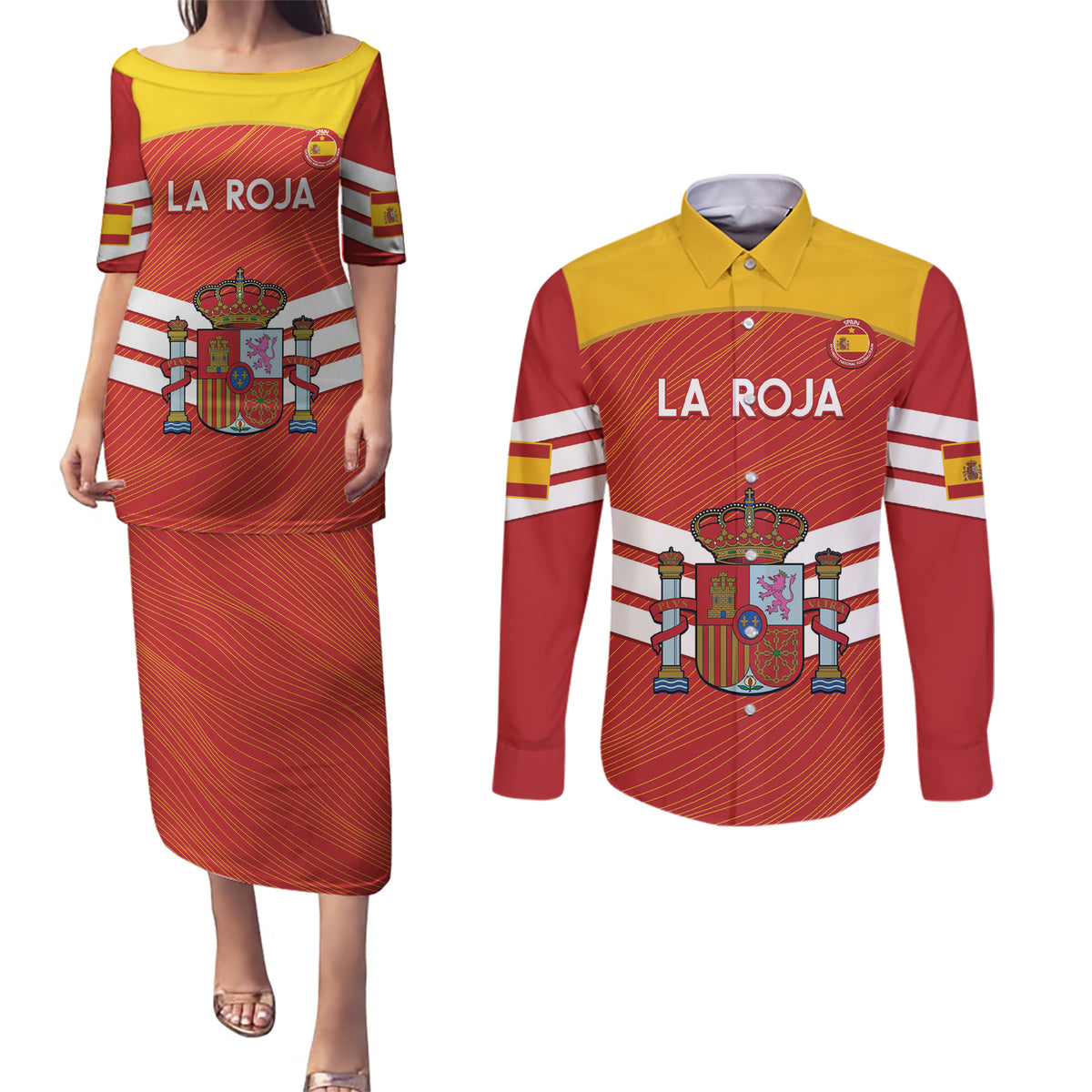 Custom Spain Football Couples Matching Puletasi and Long Sleeve Button Shirt Summer 2024 La Roja - Wonder Print Shop