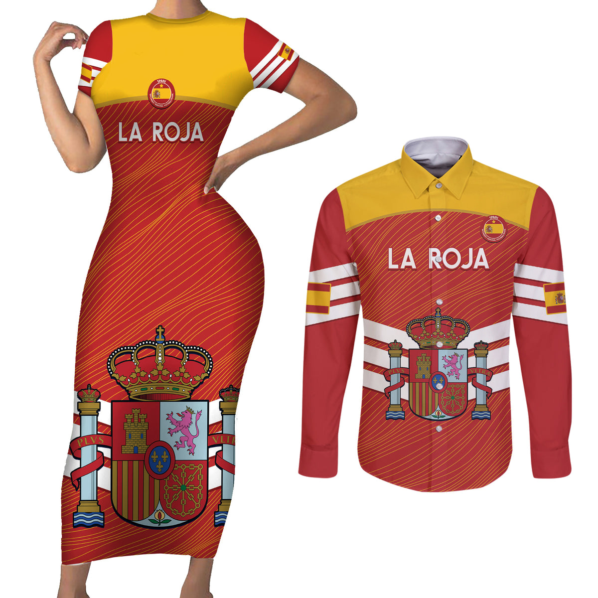 Custom Spain Football Couples Matching Short Sleeve Bodycon Dress and Long Sleeve Button Shirt Summer 2024 La Roja - Wonder Print Shop