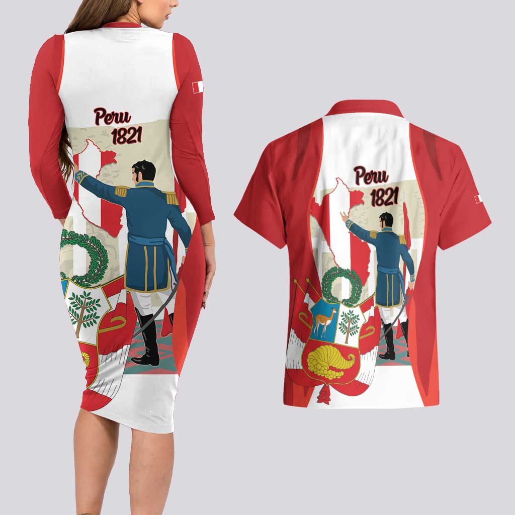 Peru Independence Day Couples Matching Long Sleeve Bodycon Dress and Hawaiian Shirt Jose de San Martin Fiestas Patrias