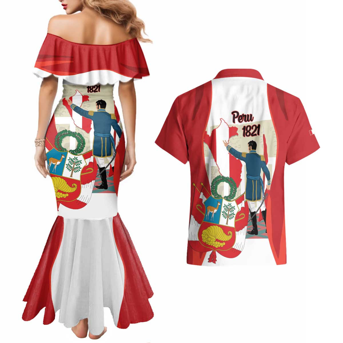 Peru Independence Day Couples Matching Mermaid Dress and Hawaiian Shirt Jose de San Martin Fiestas Patrias
