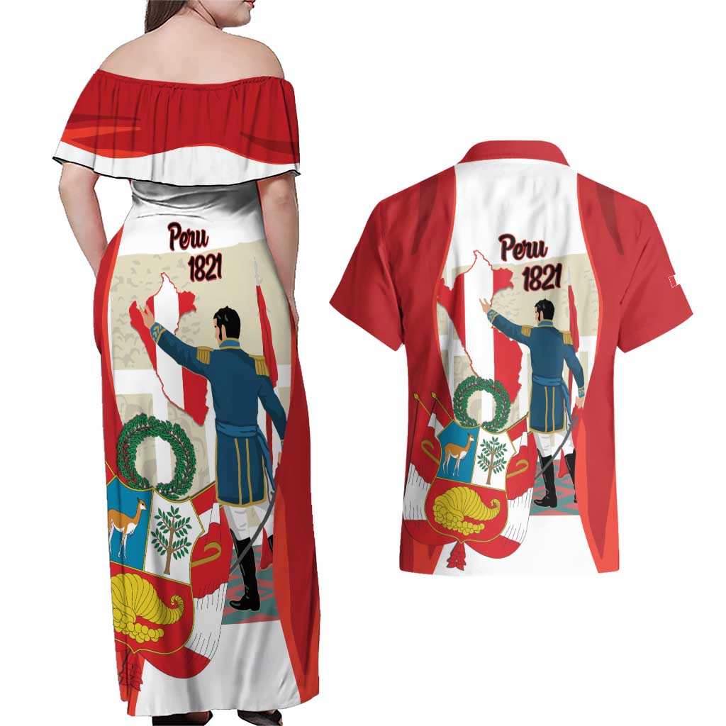 Peru Independence Day Couples Matching Off Shoulder Maxi Dress and Hawaiian Shirt Jose de San Martin Fiestas Patrias