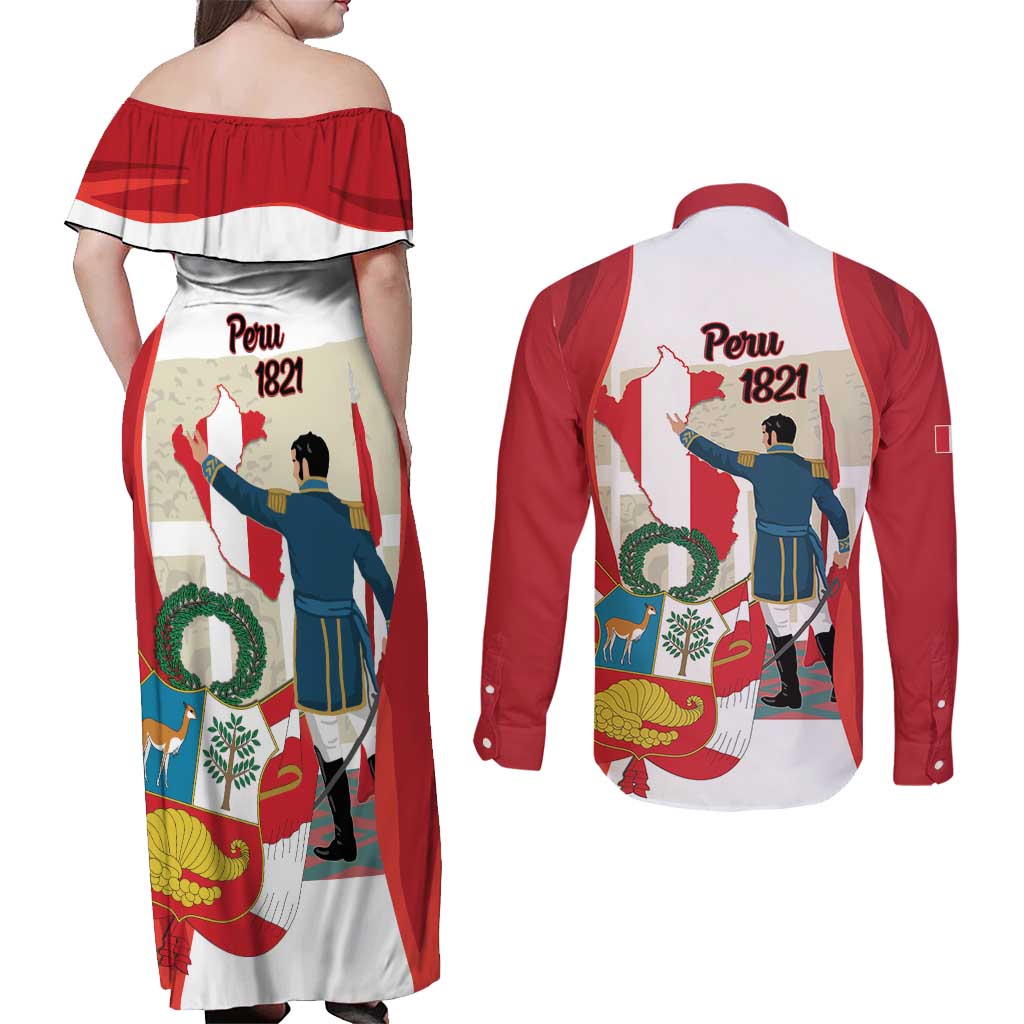 Peru Independence Day Couples Matching Off Shoulder Maxi Dress and Long Sleeve Button Shirt Jose de San Martin Fiestas Patrias