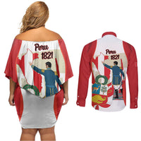 Peru Independence Day Couples Matching Off Shoulder Short Dress and Long Sleeve Button Shirt Jose de San Martin Fiestas Patrias