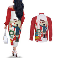 Peru Independence Day Couples Matching Off The Shoulder Long Sleeve Dress and Long Sleeve Button Shirt Jose de San Martin Fiestas Patrias