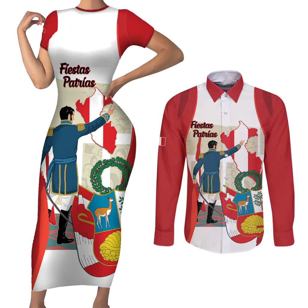 Peru Independence Day Couples Matching Short Sleeve Bodycon Dress and Long Sleeve Button Shirt Jose de San Martin Fiestas Patrias