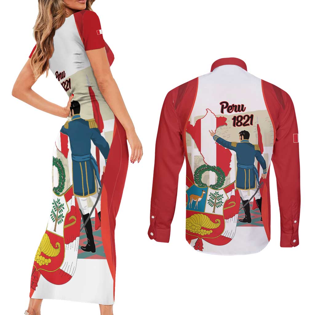 Peru Independence Day Couples Matching Short Sleeve Bodycon Dress and Long Sleeve Button Shirt Jose de San Martin Fiestas Patrias